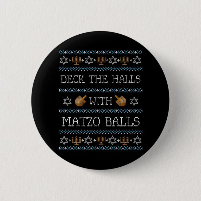 Funny Ugly Hanukkah Sweater Deck Halls Matzo 2 Inch Round Button (Front)