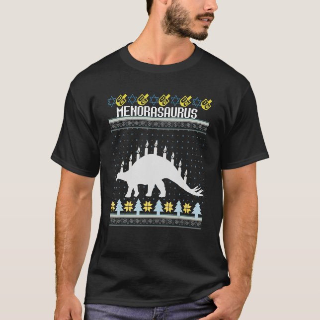 Funny Ugly Hanukkah Sweater Dinosaur Menorah Dino (Front)