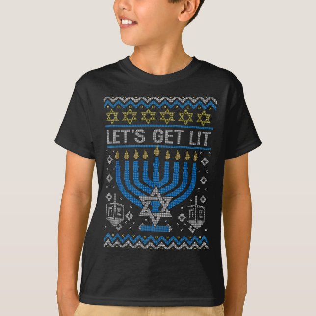 Funny Ugly Hanukkah Sweater Lets Get Lit Menorah J (Front)