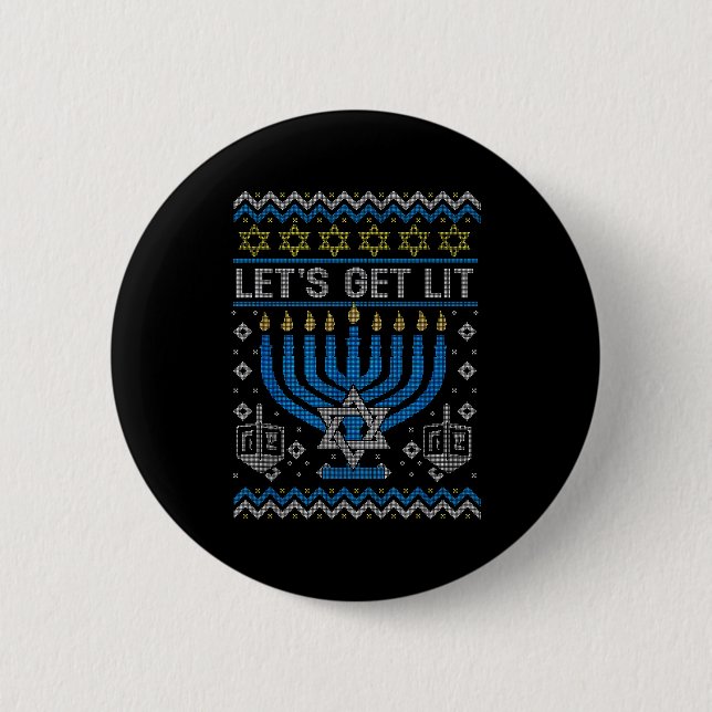 Funny Ugly Hanukkah Sweater Lets Get Lit Menorah J 2 Inch Round Button (Front)