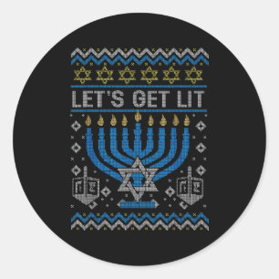 Funny Ugly Hanukkah Sweater Lets Get Lit Menorah J Classic Round Sticker