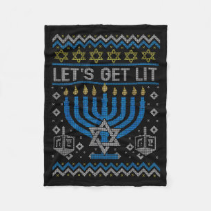 Funny Ugly Hanukkah Sweater Lets Get Lit Menorah J Fleece Blanket