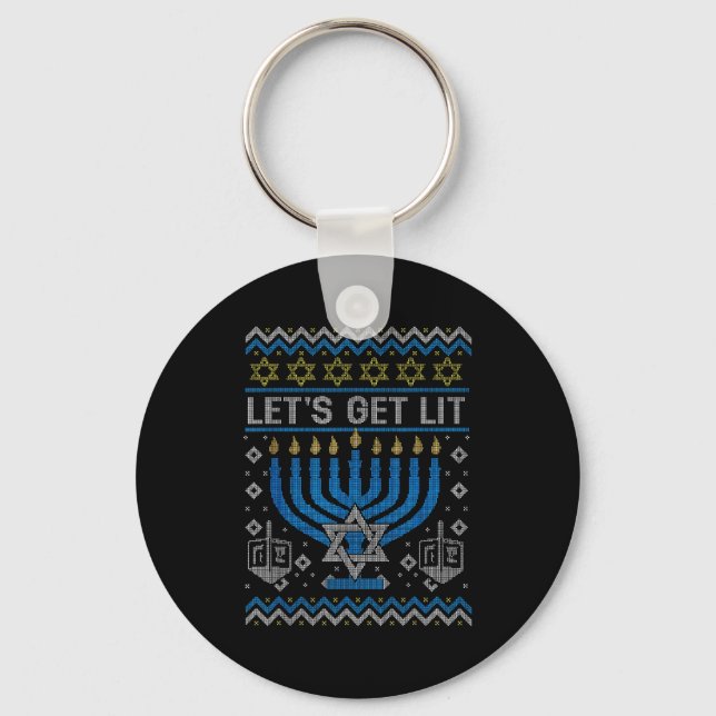 Funny Ugly Hanukkah Sweater Lets Get Lit Menorah J Keychain (Front)