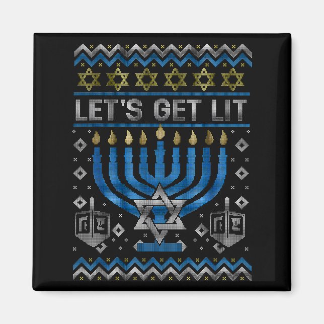 Funny Ugly Hanukkah Sweater Lets Get Lit Menorah J Magnet (Front)