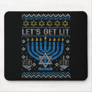 Funny Ugly Hanukkah Sweater Lets Get Lit Menorah J Mouse Pad