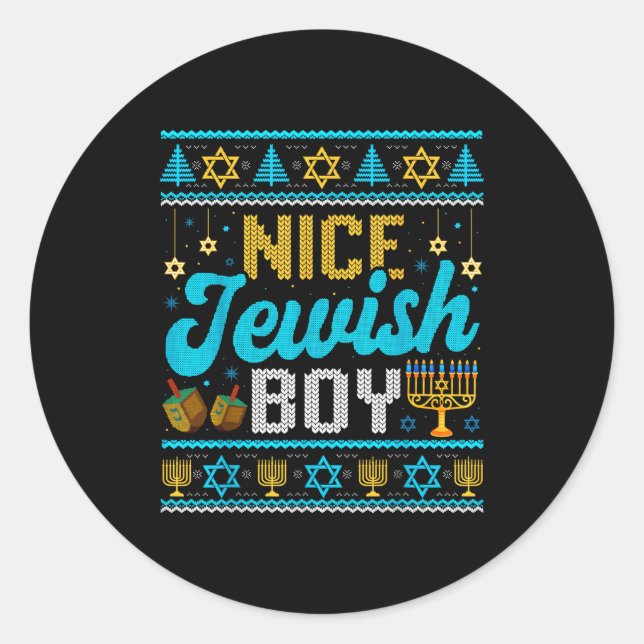 Funny Ugly Hanukkah Sweater Nice Jewish Boy Matchi Classic Round Sticker (Front)