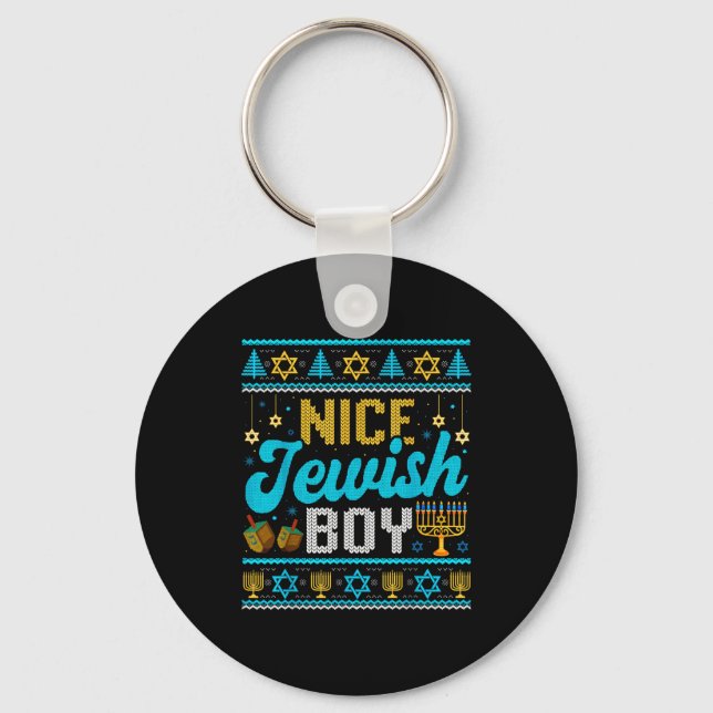 Funny Ugly Hanukkah Sweater Nice Jewish Boy Matchi Keychain (Front)
