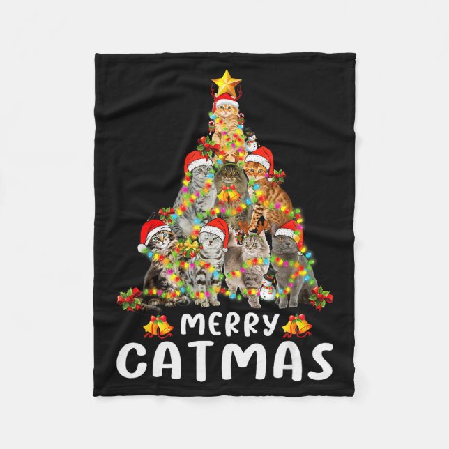 Funny Ugly Sweater Christmas Tree Shirt Cat Lights Fleece Blanket (Front)