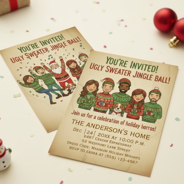 Funny Ugly Sweater Jingle Ball Retro Christmas  Invitation (Creator Uploaded)