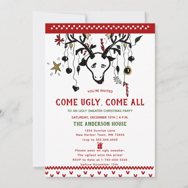 Funny Ugly Sweater Reindeer Nordic Knit  Christmas Invitation (Front)