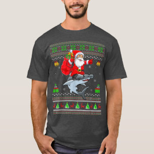 Funny Ugly Xmas Santa Riding Hammerhead Shark Fish T-Shirt