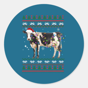 Funny Ugly Xmas Sweater Dairy Cow Farmer Lights Ch Classic Round Sticker