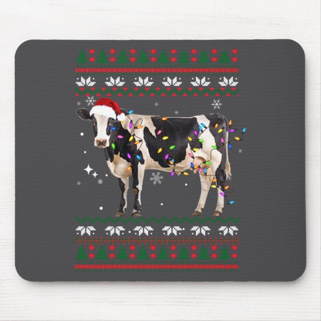 Funny Ugly Xmas Sweater Dairy Cow Farmer Lights Ch Mouse Pad (Front)