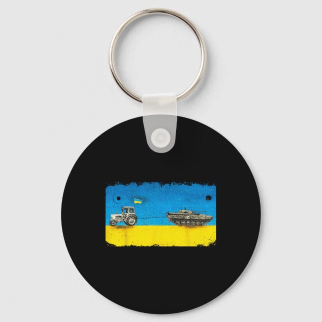 Funny Ukrainian Farmer Pulling Tank With Tractor  Keychain (Front)