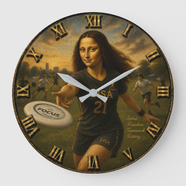 Funny Ultimate Frisbee Mona Lisa Flying Disc Art Large Clock (Front)