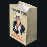 Funny Uncle Sam Patriotic Birthday Medium Gift Bag<br><div class="desc">Uncle Sam wants you to have a happy birthday! This birthday gift bag has the look of the classic Uncle Sam recruitment poster making it perfect for American history buffs, patriotic friends and more. Plus the red text can be customized with your own greeting so that you can create the...</div>