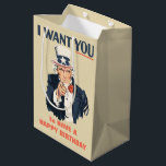 Funny Uncle Sam Patriotic Birthday Medium Gift Bag<br><div class="desc">Uncle Sam wants you to have a happy birthday! This birthday gift bag has the look of the classic Uncle Sam recruitment poster making it perfect for American history buffs, patriotic friends and more. Plus the red text can be customized with your own greeting so that you can create the...</div>