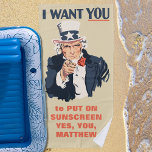 Funny Uncle Sam Patriotic Custom Message Beach Towel<br><div class="desc">Uncle Sam is here to tell you to put on your sunscreen, have fun, or whatever other message you would like. Create your own fun beach towel when you customize the red text beneath Uncle Sam with your own personalized text. This beach towel is in the style of the classic...</div>