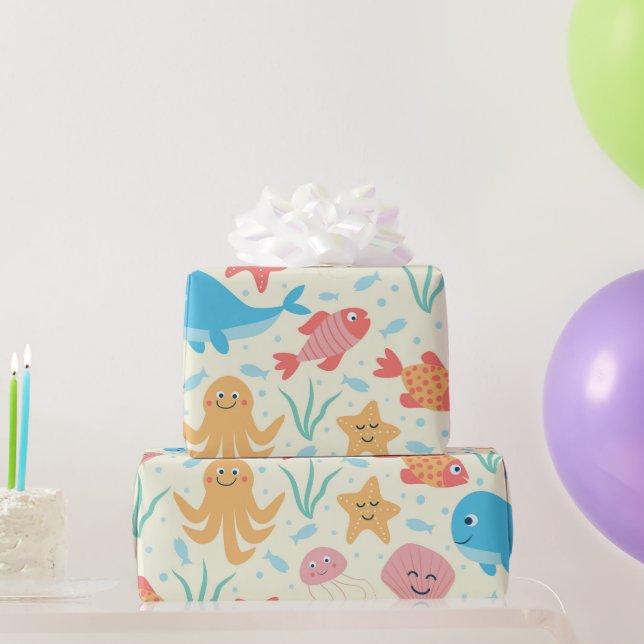 Funny Under the Sea Creatures Ocean  Pattern  Wrapping Paper (Party Gifts)