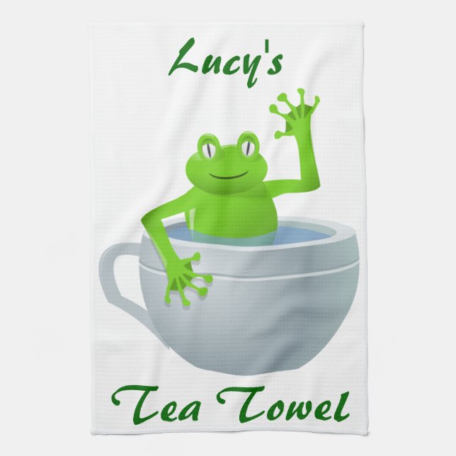 Funny Unexpected Frog in My Tea Cup Kitchen Towel (Vertical)