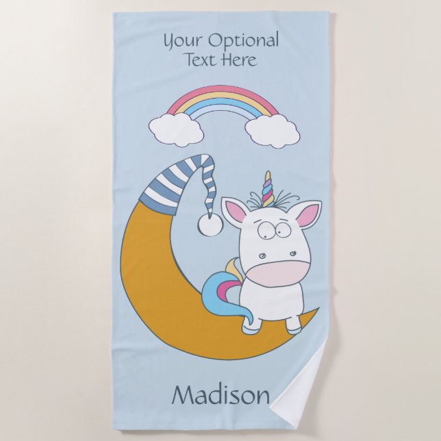 Funny Unicorn custom name & colour beach towel (Front)
