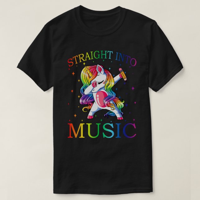 Funny Unicorn Dabbing Straight Into MUSIC T-Shirt (Design Front)