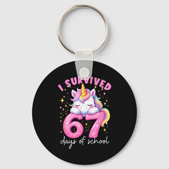Funny Unicorn I Survived 67 Days Of School Meme Fo Keychain (Front)