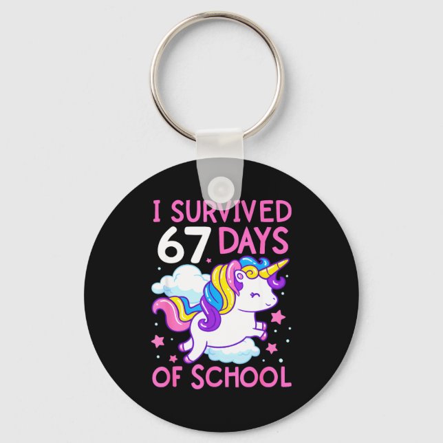 Funny Unicorn I Survived 67 Days Of School Meme Fo Keychain (Front)