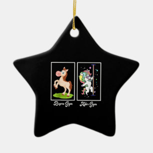 Funny Unicorn Illustration Before After Gym Ceramic Ornament