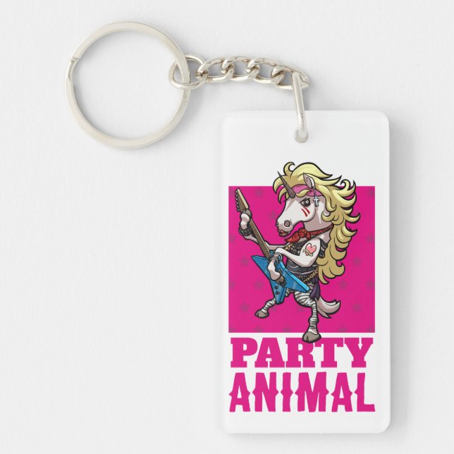 Funny Unicorn Party Animal Glam Rocker Cartoon Keychain (Front)