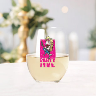 Funny Unicorn Party Animal Glam Rocker Cartoon Stemless Wine Glass