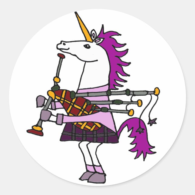 Funny Unicorn Playing Bagpipes Art Classic Round Sticker (Front)