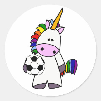 Funny Unicorn Playing Soccer Cartoon Classic Round Sticker