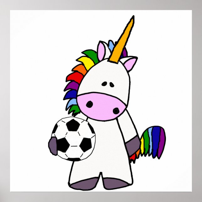 Funny Unicorn Playing Soccer Cartoon Poster (Front)