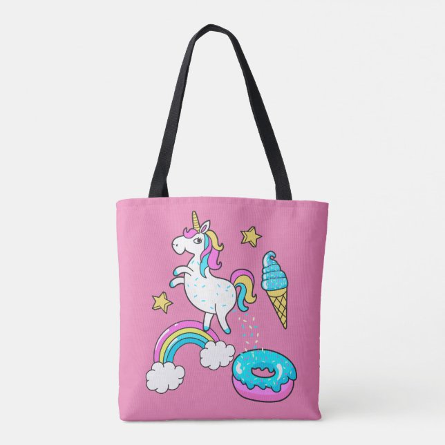 Funny unicorn pooping rainbow sprinkles on doughnu tote bag (Back)