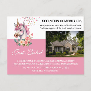 Funny Unicorn Themed Just Listed REAL ESTATE Postcard