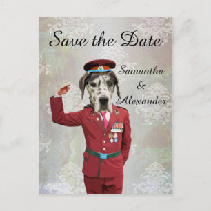 Funny uniformed military dog  save the date announcement postcard