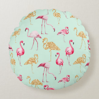 Funny Unique Girly Pink and Gold Funky Flamingo Round Pillow