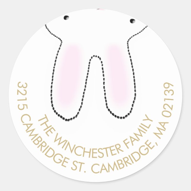 Funny upside down Easter bunny white gold address Classic Round Sticker (Front)