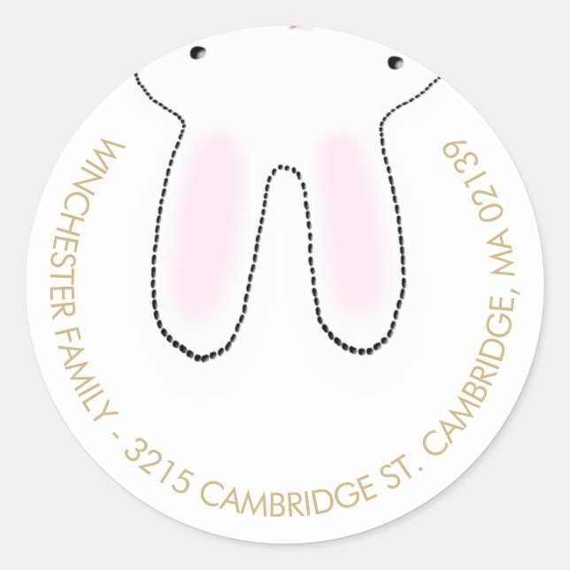 Funny upside down Easter bunny white gold address Classic Round Sticker (Front)