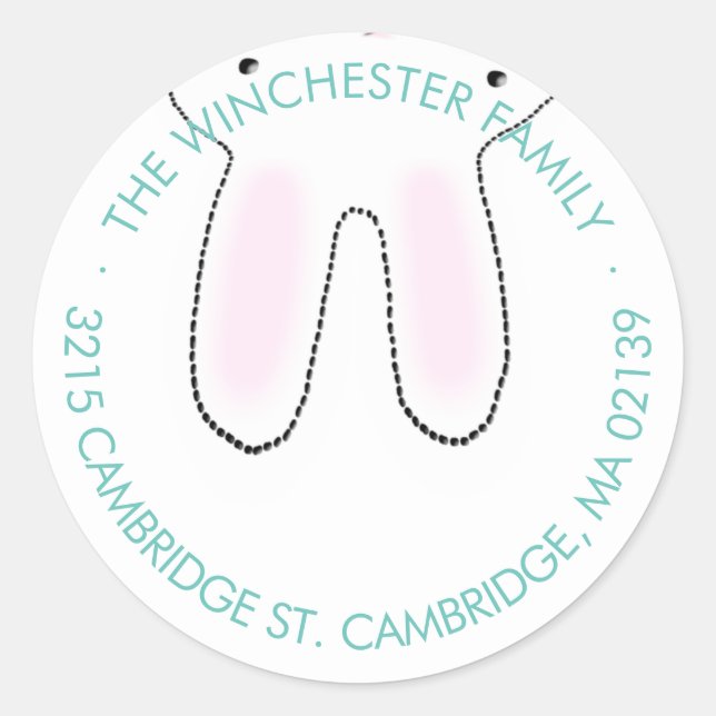 Funny upside down Easter bunny white teal address Classic Round Sticker (Front)