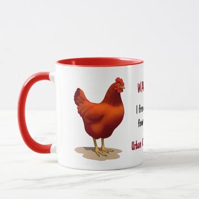 Funny Urban Chicken Farmer Red Hen Mug (Left)