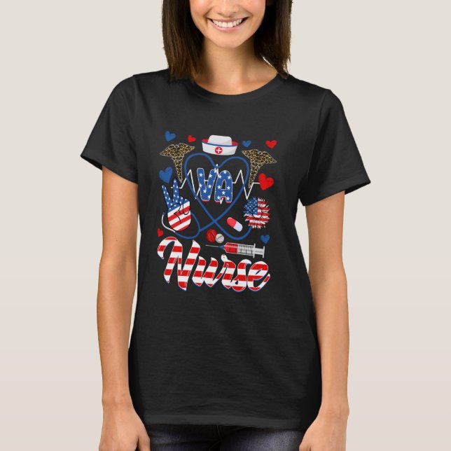 Funny VA Nurse Leopard Sunflower American Flag 4th T-Shirt (Front)