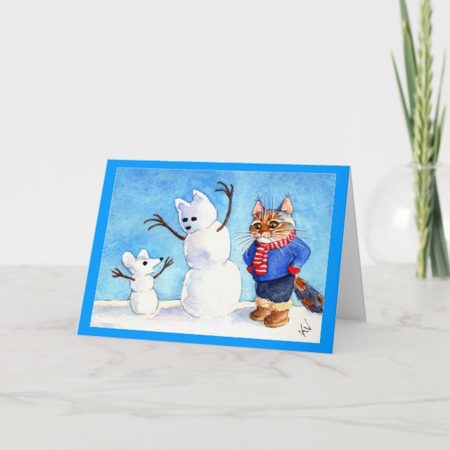 Funny vacances chat souris snowman carte (Devant)