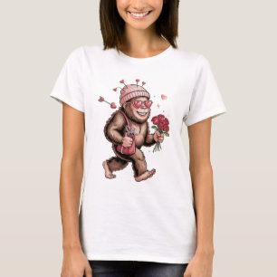 Funny Valentine Bigfoot Yeti with Roses and Hearts T-Shirt