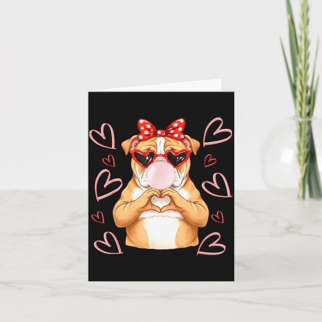 Funny valentine bulldog heart hands bubble bow card (Front)