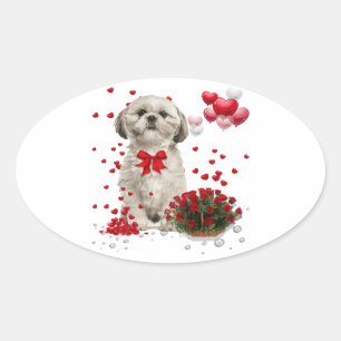 Funny Valentine Day Cute Shih Tzu Dog Oval Sticker
