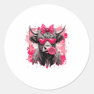 Funny Valentine Highland Cow Lollip Heart Art Nk L Classic Round Sticker
