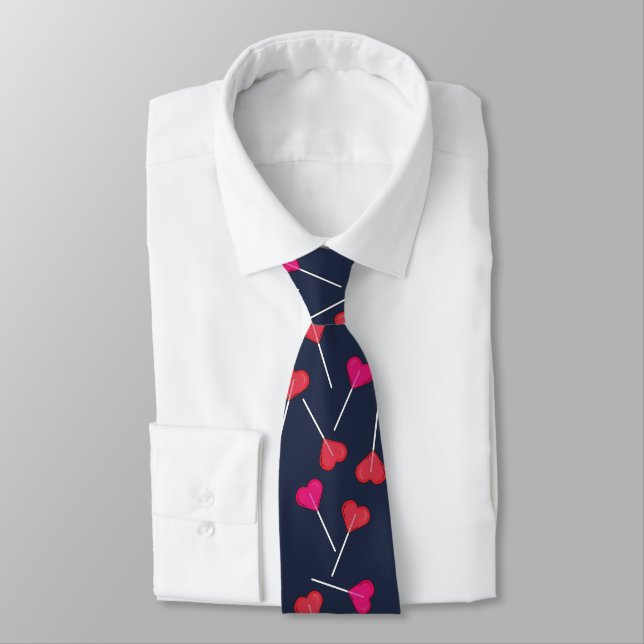 Funny Valentine Red Heart | Lollipop Pattern Navy Tie (Tied)