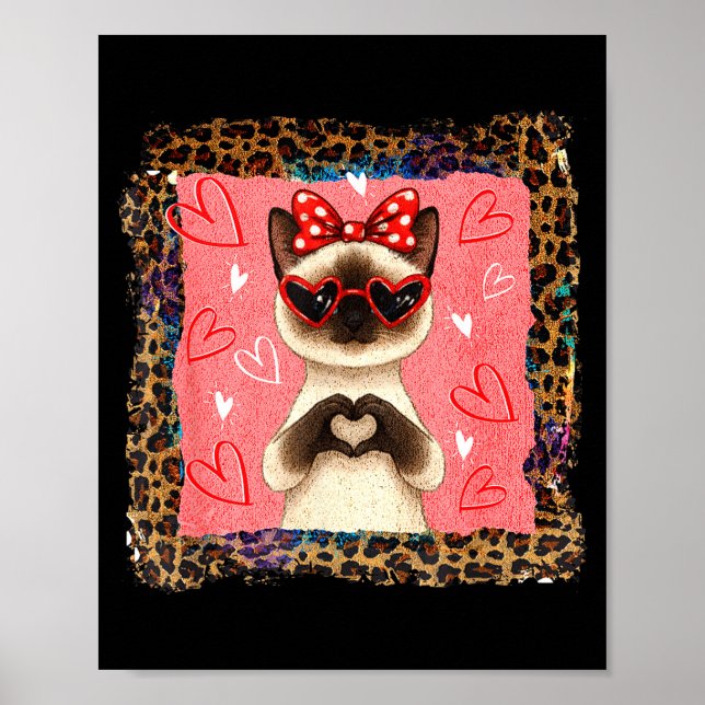 Funny Valentine Siamese Cat Heart Hands Bubble Bow Poster (Front)